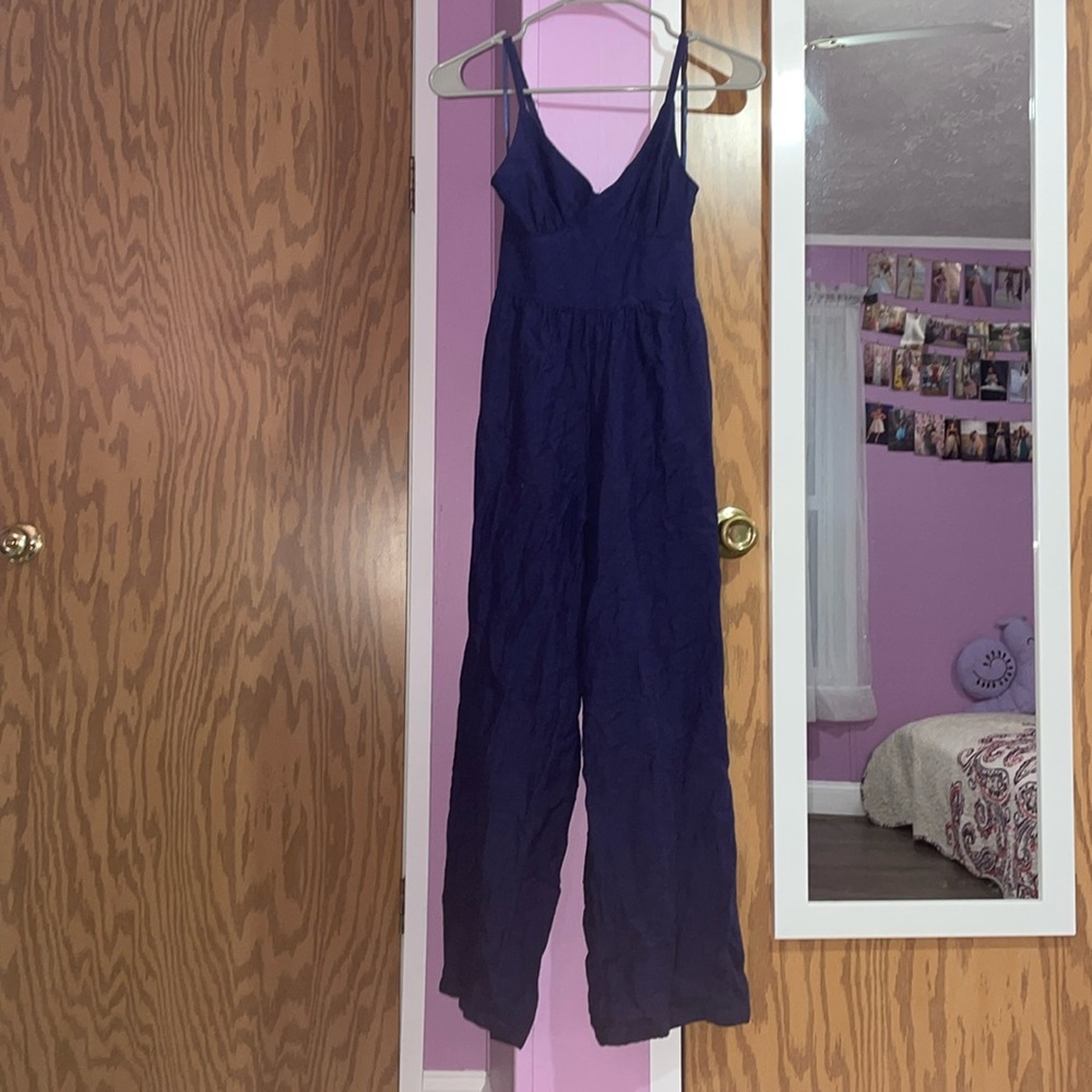 Blue linen tie back jumpsuit